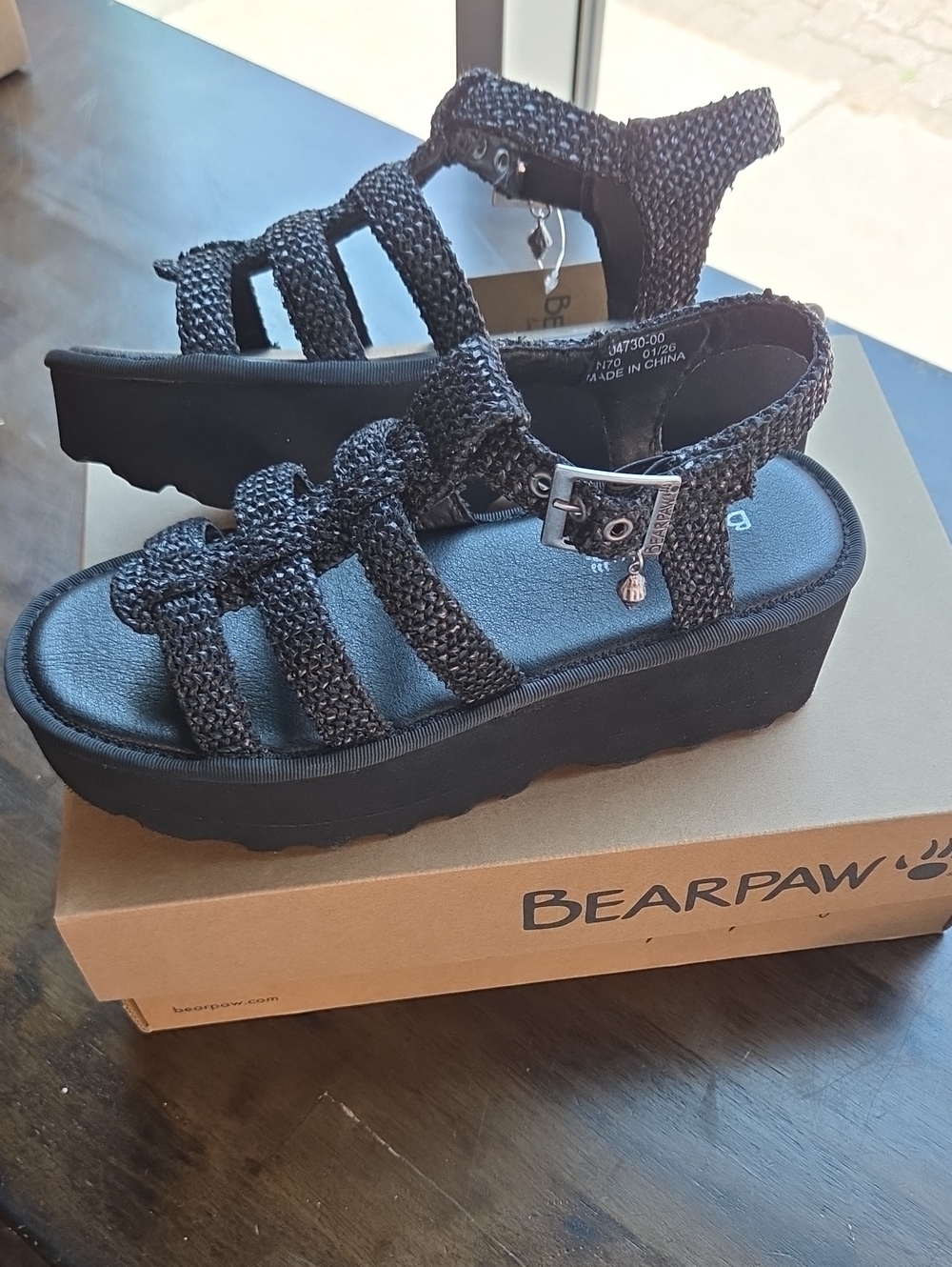 BearPaw Size 11 Black Platform Sandals with Buckle Charm NEW